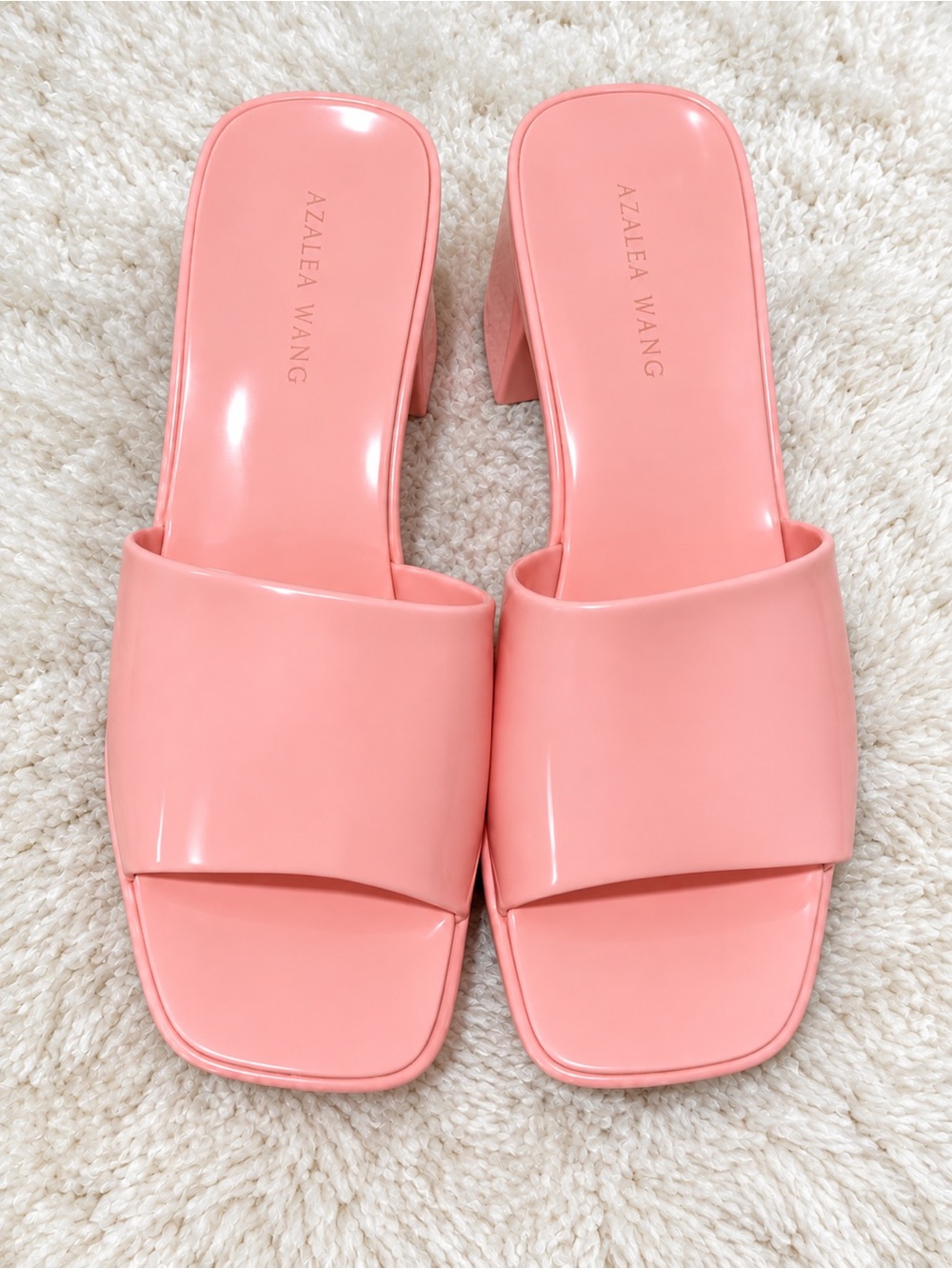 Azalea Wang Pink Patent Square Toe Block Heel Mules